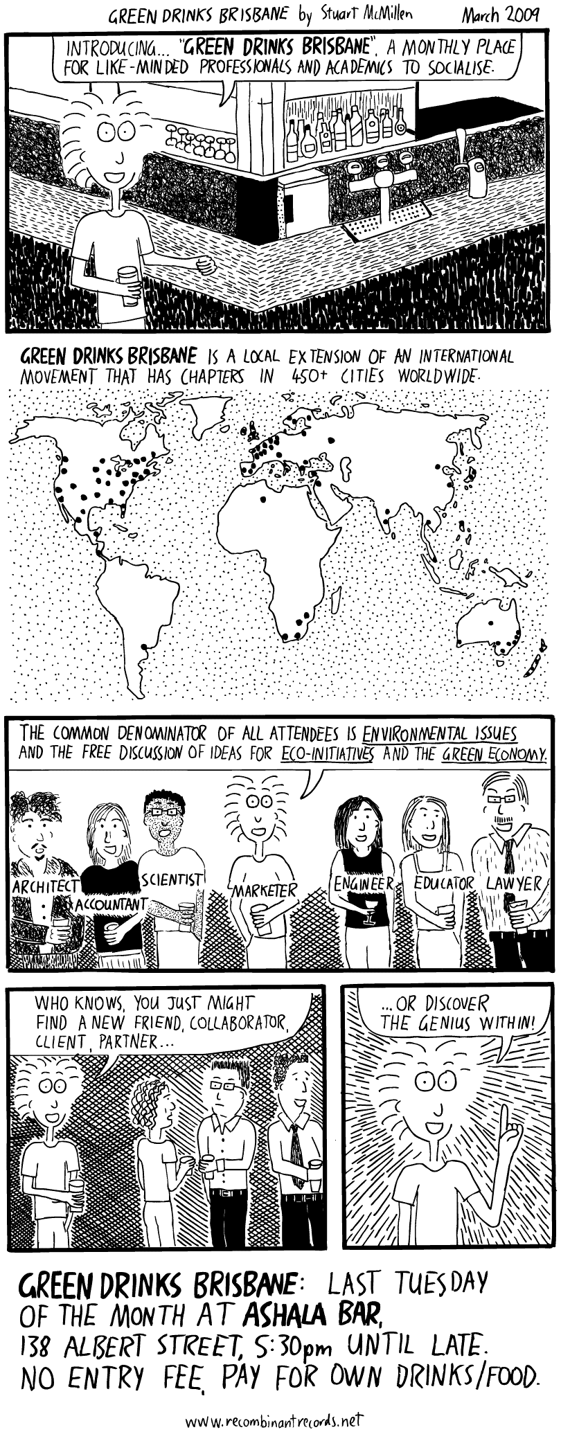 Green Drinks Brisbane networking event cartoon